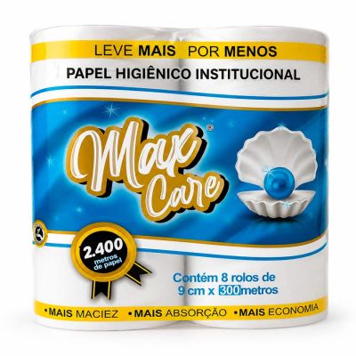Papel Higienico Folha Simples Rolao 300m Branco Pt / 8 Rolos Max Care